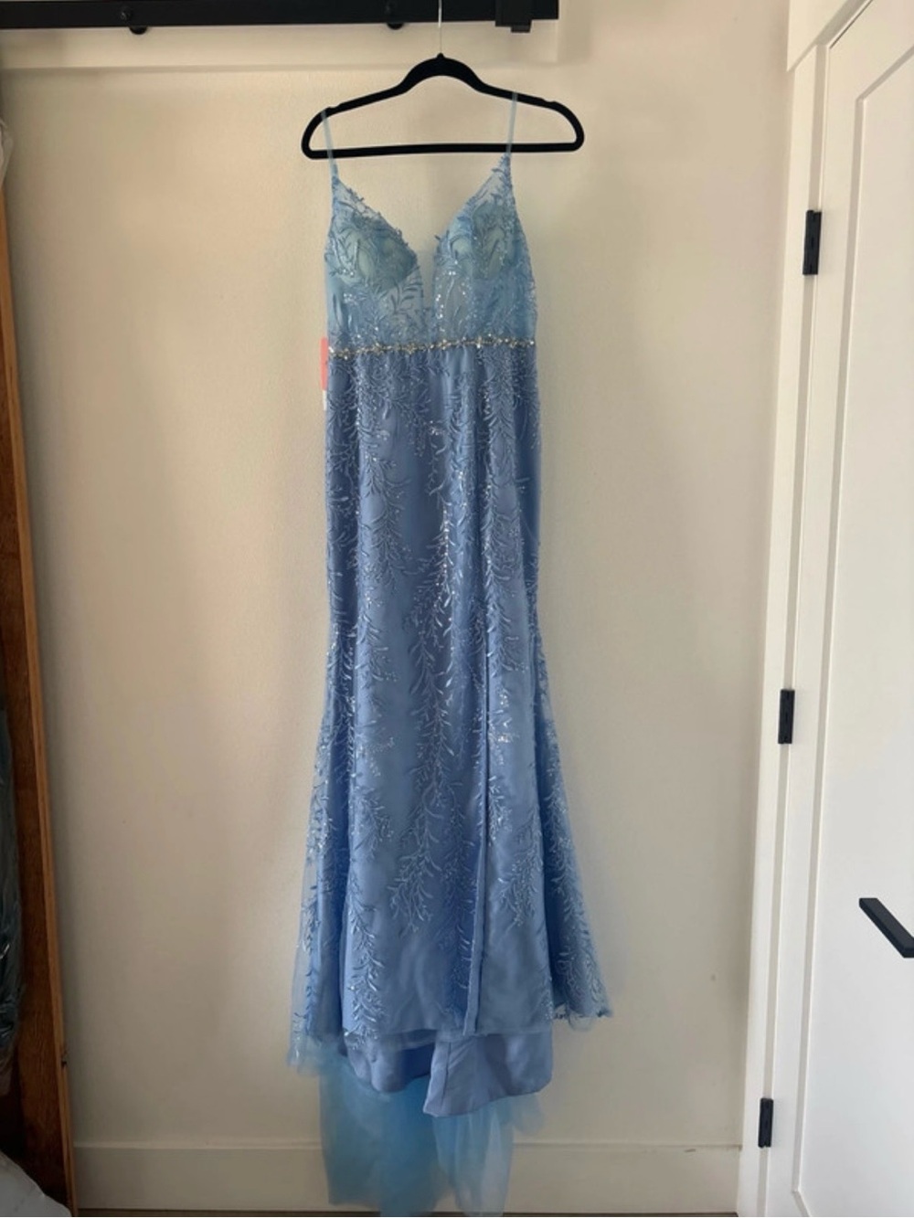 Light Blue Lace Beaded Evening Slip Dress